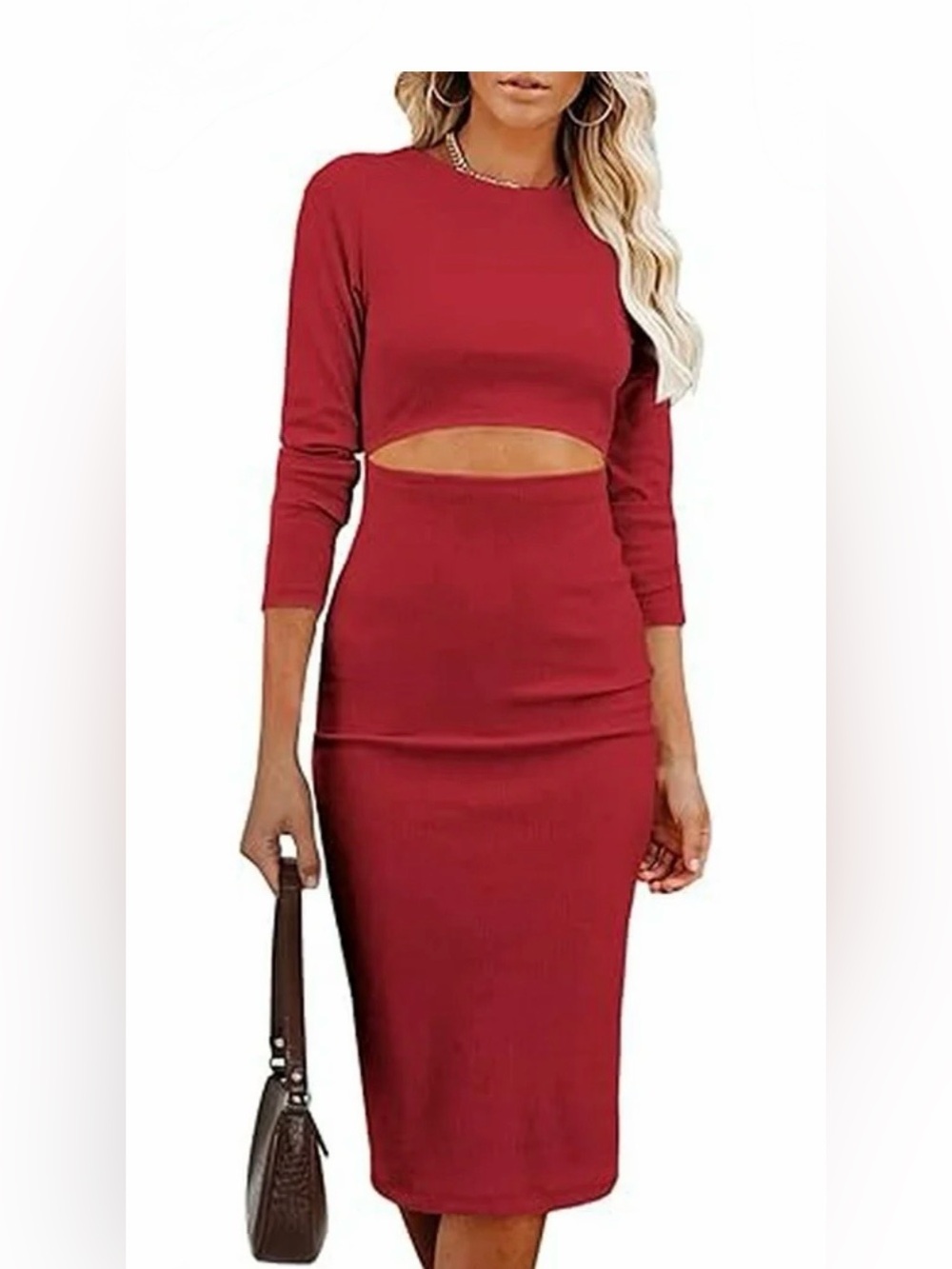 Pretty Garden Red Peek-A-Boo Cutout Midi Long Sleeve Dress